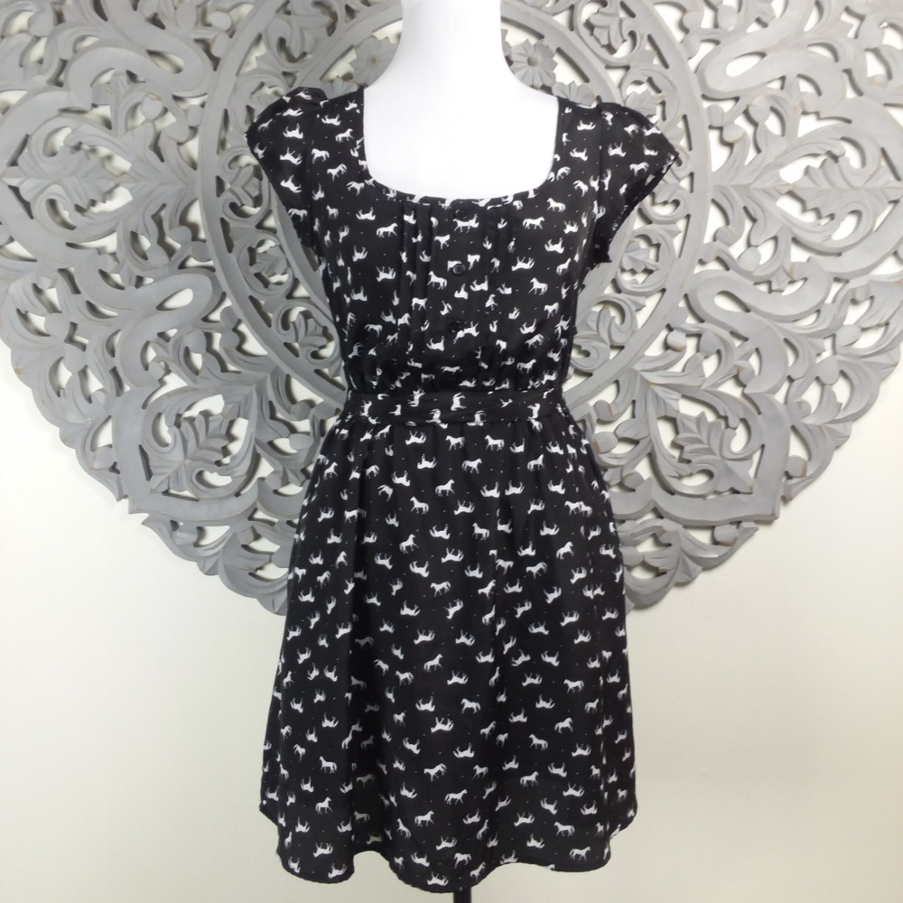 Horse Print Black & White Cap Sleeve Dress